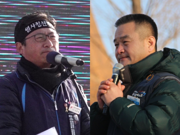 전국노동자대회서 발언하고 있는 김명환 위원장(왼쪽)과 최준식 위원장. ⓒ미디어피아 안치호