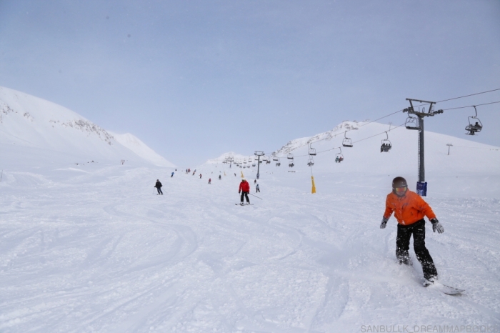스노우파크 슬로프에서 스키를 타는 스키어들. 날이 흐릴 때는 가장 인기가 많다. ⓒ김산환