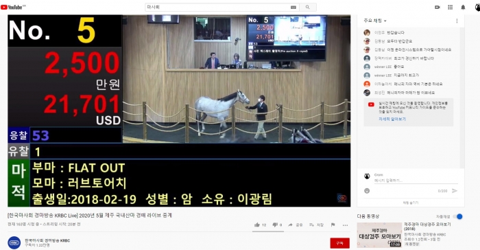 한국마사회와 한국경주마생산자협회는 경마방송 유튜브 채널을 통해 경매 현황을 실시간 중계했다.